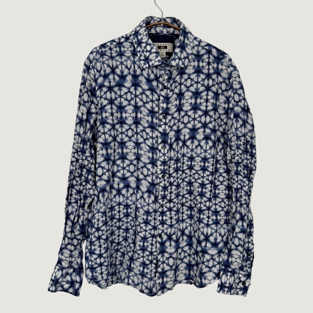 Joseph Abboud Mens Large Blue White Tie Dye 100% Linen Long Sleeve Button Shirt